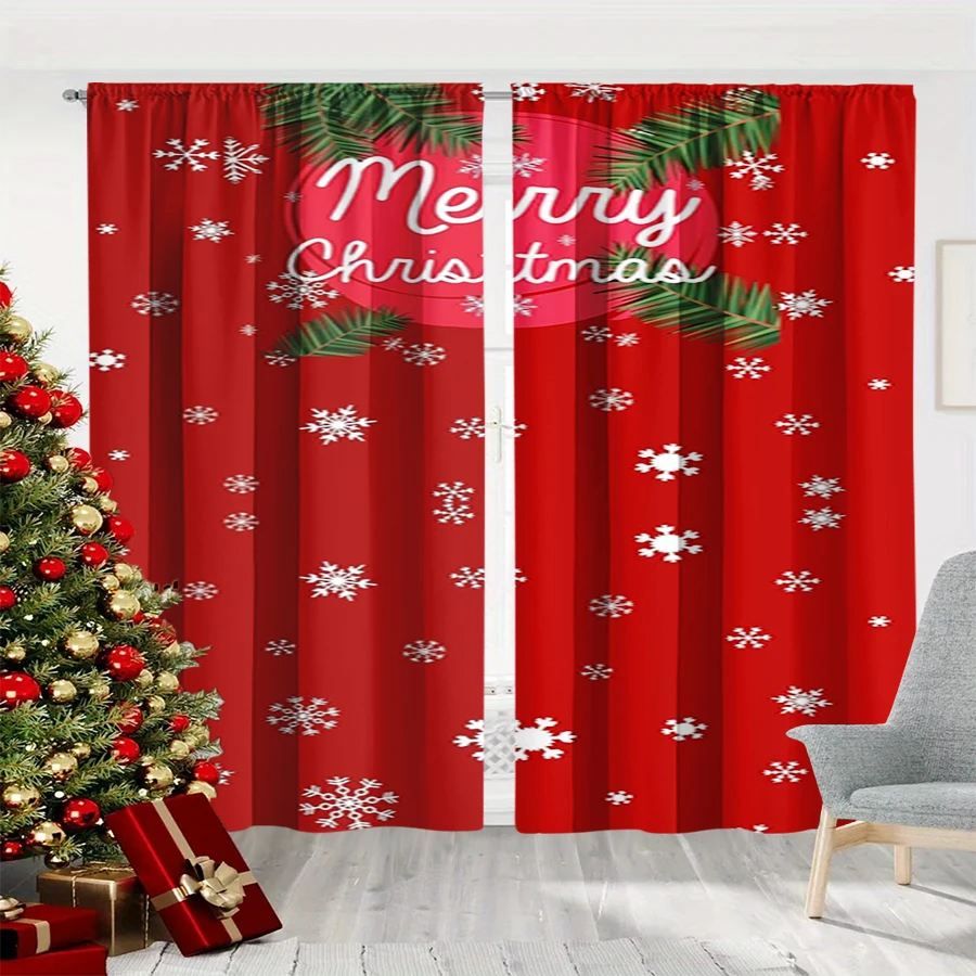 2PCS Christmas Winter Curtains, Snowflake Pine Branch Merry Christmas Red, Digital Print, Bedroom Living Room, Home Decor