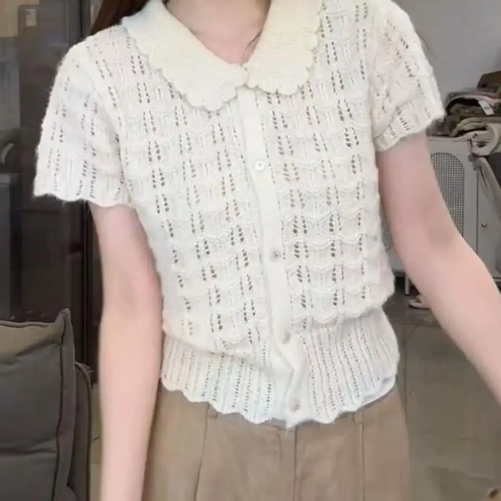 Openwork Texture Short Sleeve Knit Shirt Button Front Peter Pan Collar Cropped Knit Top Cropped Style Knit Cardigan