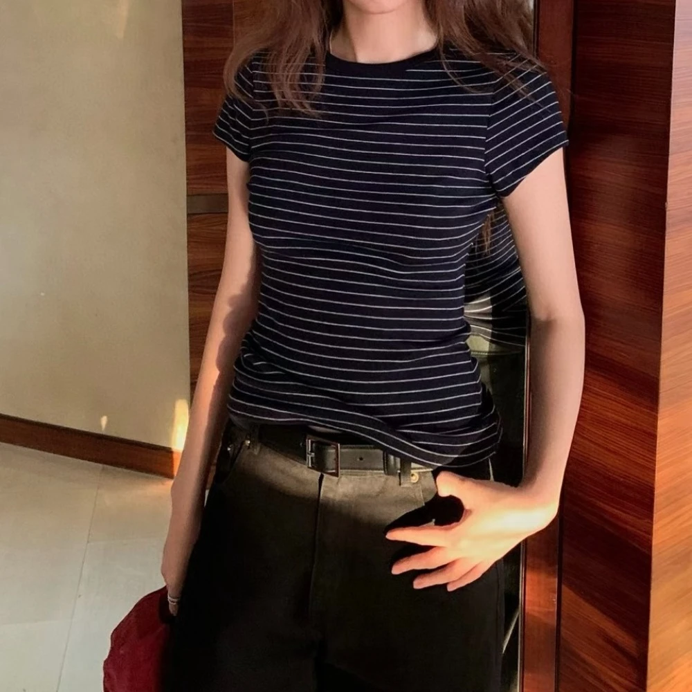 

Весенне-летние полосатые топы с короткими рукавами, женские футболки