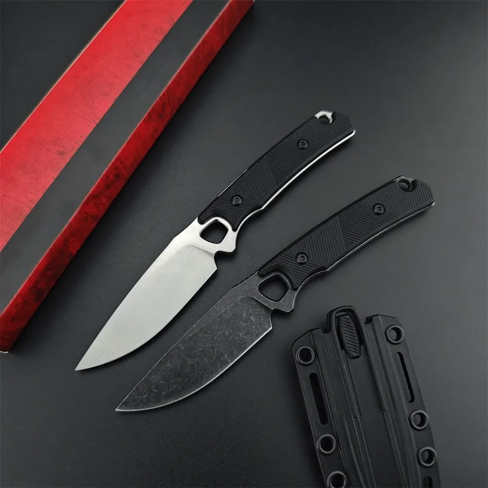 

2025 Fixed Blade Knife Outdoor Hunting Straight Knife, Stone Washed Teardrop 8Cr13Mov Blade Black Nylon Fiber Handle with Sheath