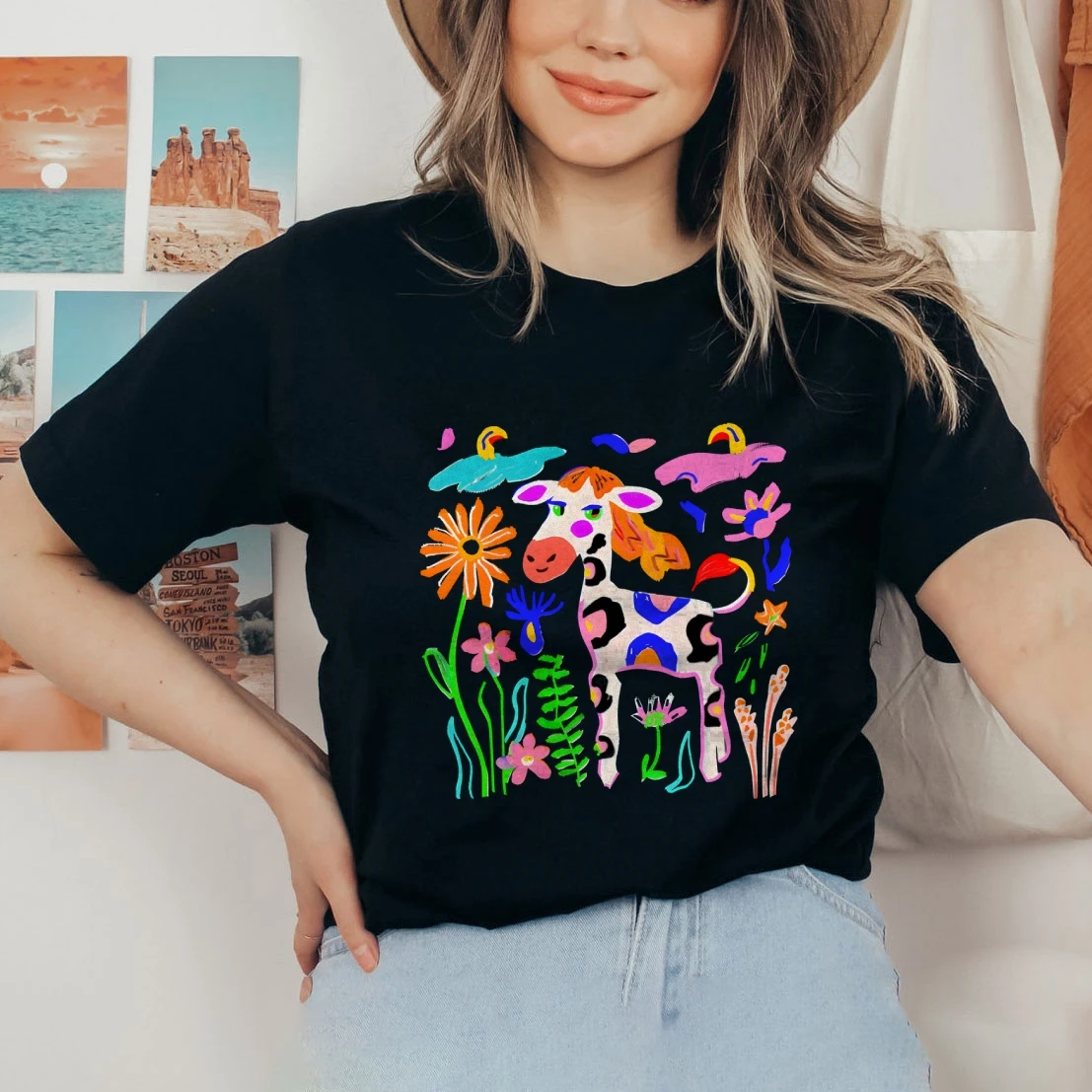 

Vibrant Colorful Horse Floral Bohemia Artistic Women's Print Casual Shirt Vibrant Charm Top Flower Art Aesthetic Matisse Tee