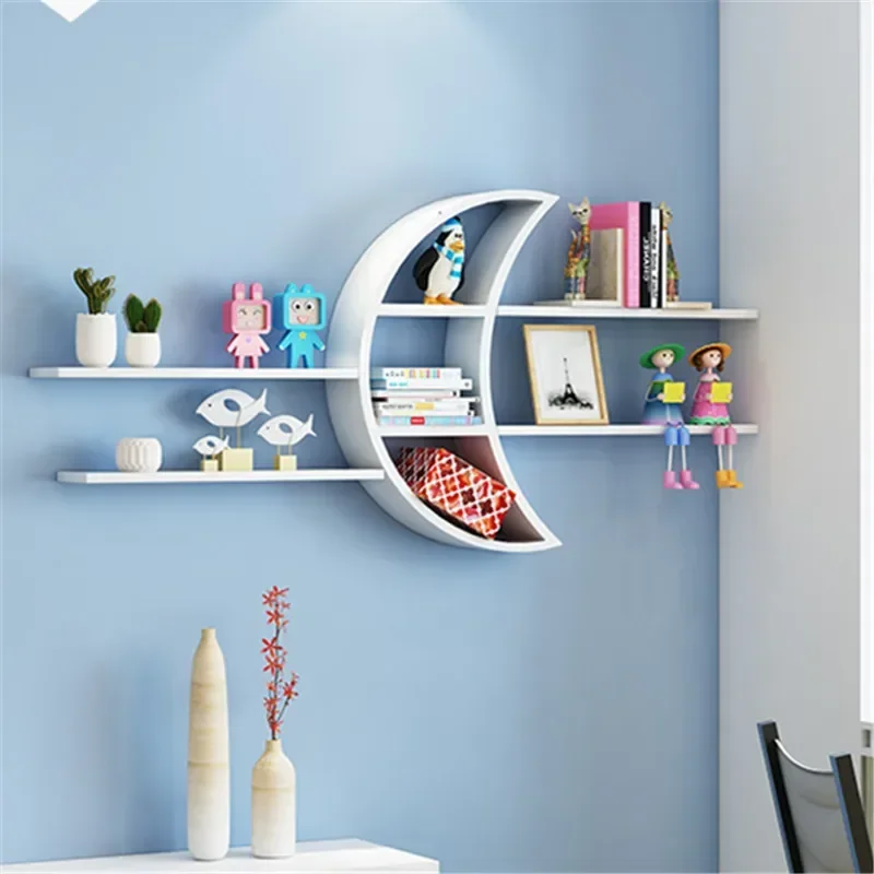 Creative Moon Wall-mounted Rack Wooden Board Storage Shelf Living Room Children's Room Decorations Shelves Bookshelf