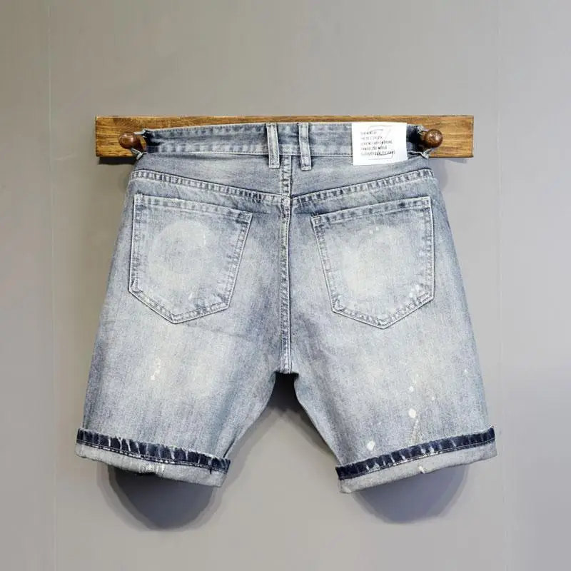 2025 Blue Denim Shorts Men's Summer New Brand Blue Washed Old Scratched Pocket Leather Label Slim Pants Shorts Jeans Half Pants