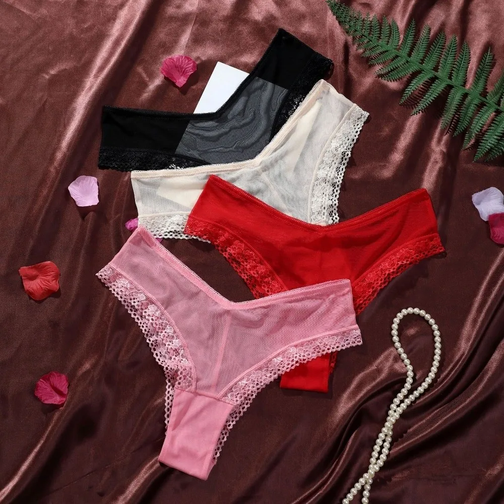 Fashion Low Waist Mesh Floral Panties Patchwork Underwear Mesh Sheer Lace Thong Seamless Hollow Romantic T Panties Gift