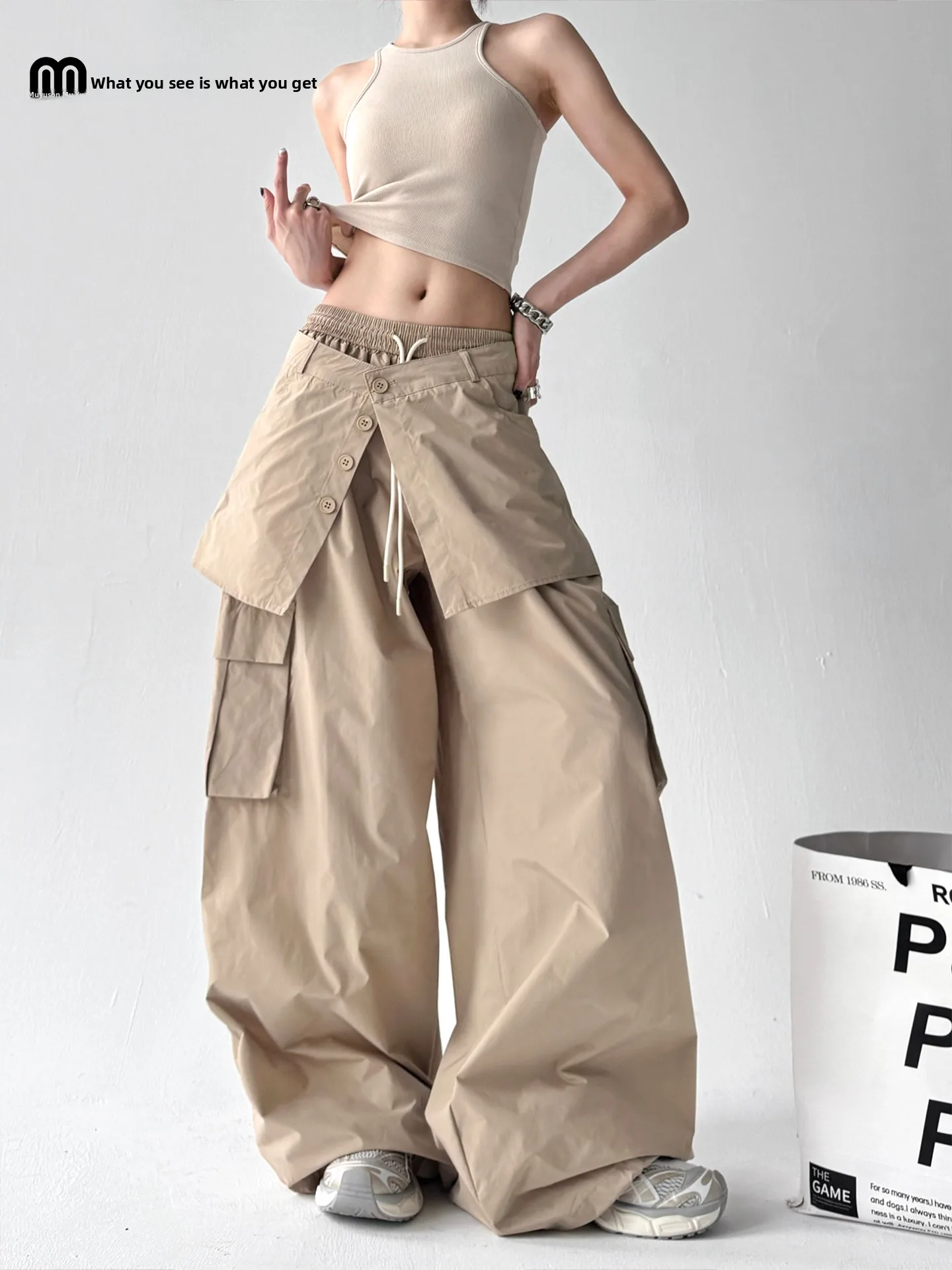 Retro Amerykańskie Spodnie Robocze z Wysokim Stanem Luźne Damskie Studenckie Casualowe Spodnie z Szerokimi Nogawkami Długie Letnie Nowe Mieszanka Poliestru i Bawełny