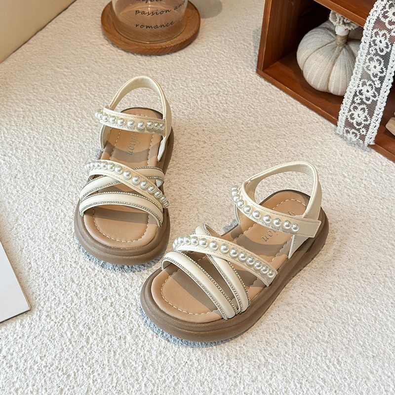 Kids Rhinestone Beach Sandals Summer Causal Beading Princess Sandals for Girls School Non-slip Platform Children Roman Sandals