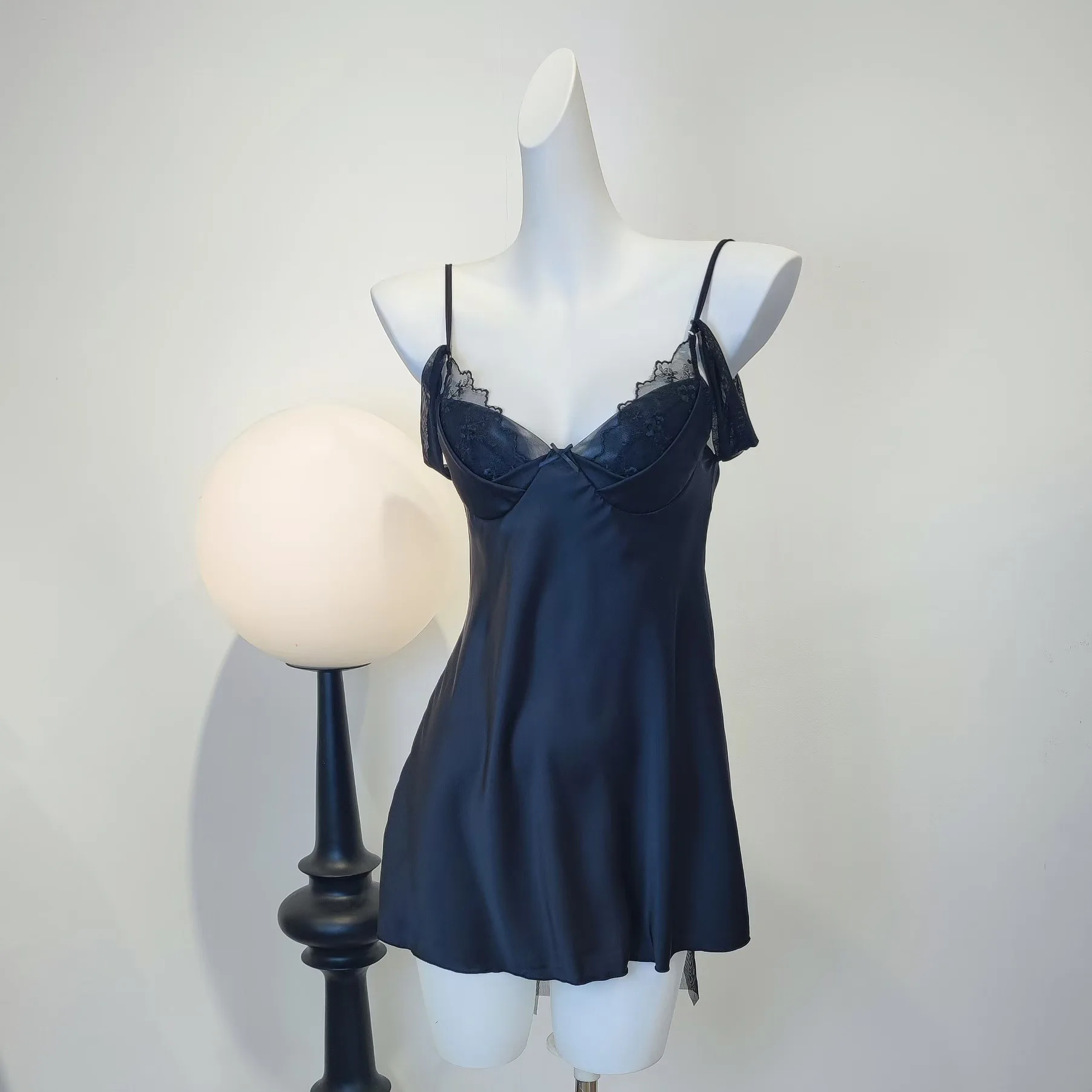 Sexy Pajamas Women's Nightgowns with Chest Pads High Quality Fairy Suspender Nightdress Back Dot Knot Silk Nightwear for Ladies