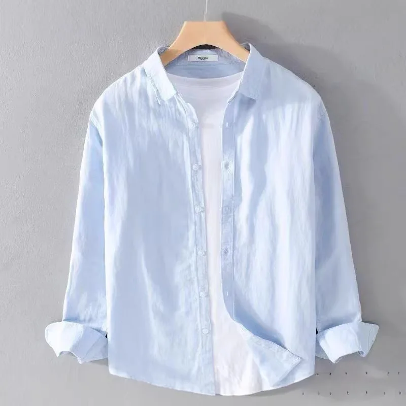 Casual Linen Long Sleeve Men's Shirt White Cotton Linen Jacket Spring Summer New Style Japanese Trend Men's Fashion Shirt