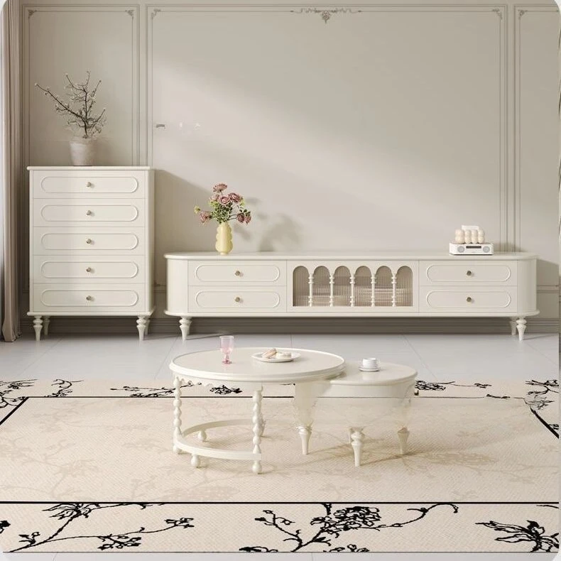 ] Solid wood TV cabinet French cream style living room furniture TV cabinet coffee table combination household modern style