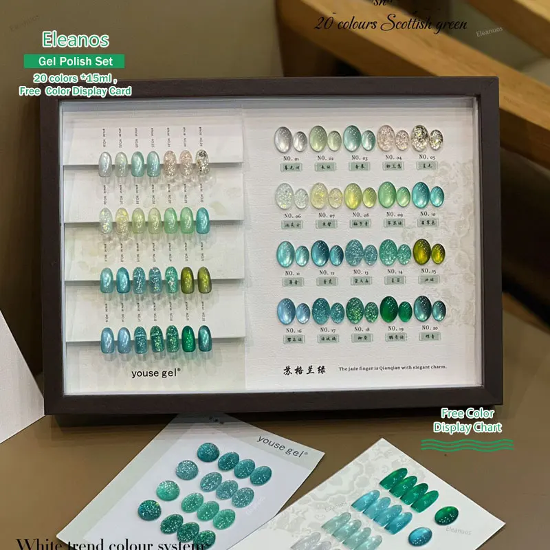 Eleanos 20pcs Scoland Green 9D Ice Cat Eye Gel Nail Polish With Color Card Holographic Laser Sparkle Soak Off UV LED Glitter Gel