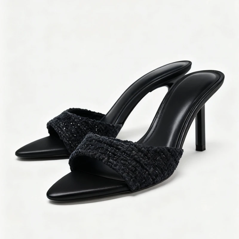 おしゃれなコットン生地デザインのエレガントなヒール付きスリッパ、女性用セクシーなバックレススライドサンダル、高級デザイナーシューズ、レディース用ヒール