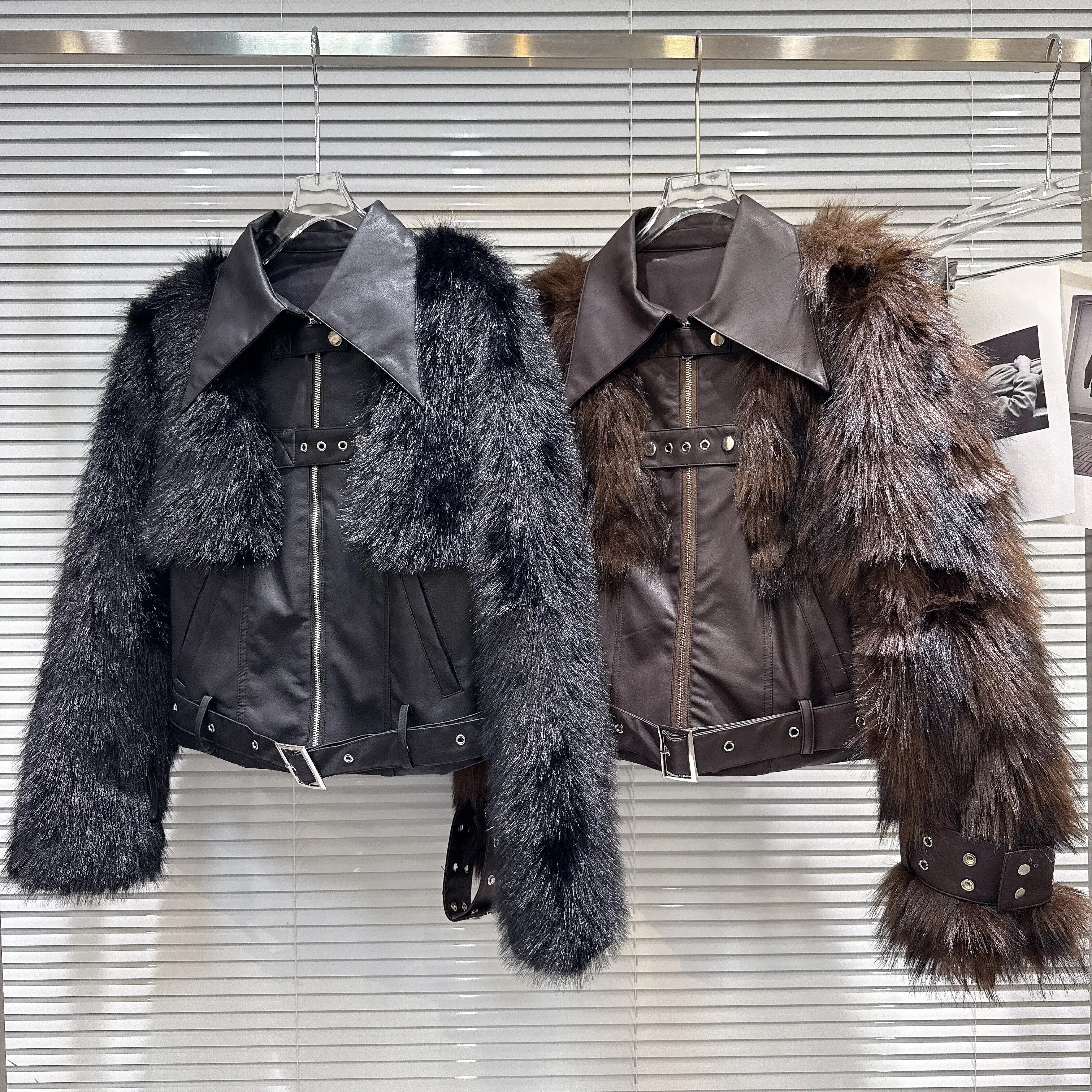 Womens Lace Up Faux Fur and Leather Panel Jacket Padded Winter Cropped Outerwear for Street Style and Cold Weather Layering