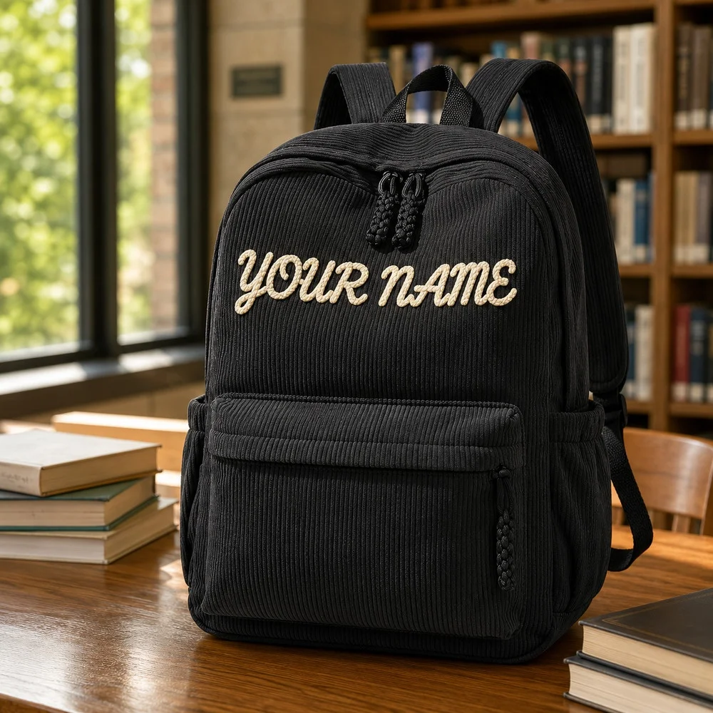 Custom Rope Embroidered Name Corduroy Backpack, Personalized Chenille Name Backpack, Casual School Bag for Daily Travel Gift