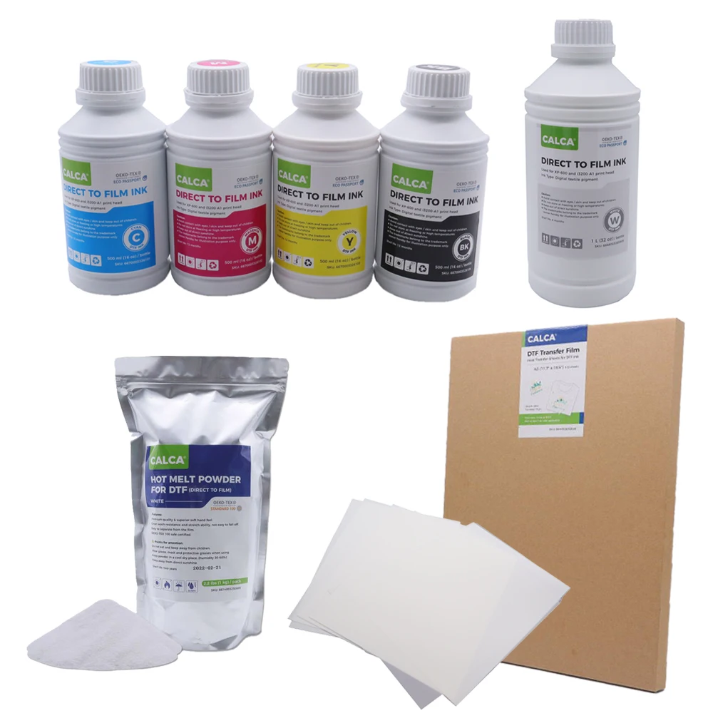 CALCA A3 DTF Film Sheets Printing Starter Supply Pack US Stock include 500ml CMYK/ 1L W DTF Ink/ 2.2 lbs Powder/ A3 Sheet Film