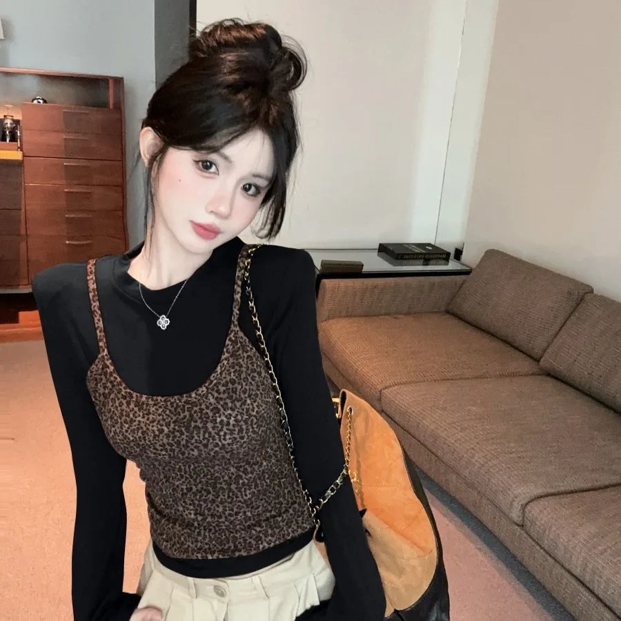 

American Retro Leopard Print Strap Vest Layered Long Sve Top Genuine Two-Piece Autumn Winter Base Inner Women's Faion Set