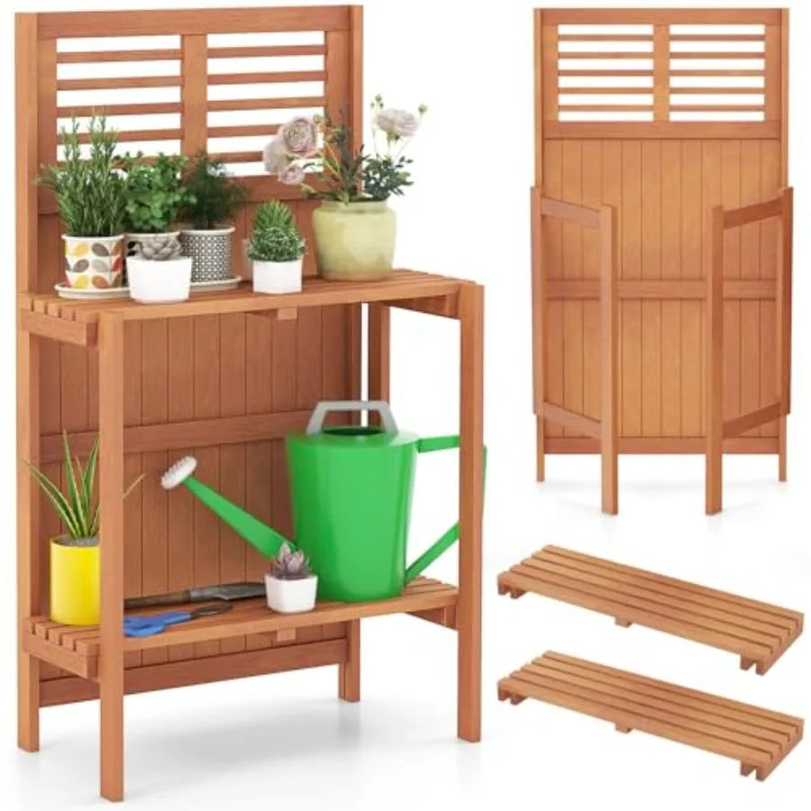 Outdoor Garden Potting Bench Table For Deck Balcony Backyard Use, Made Of Wood, Natural Brown Color, Folding Design With Trelli