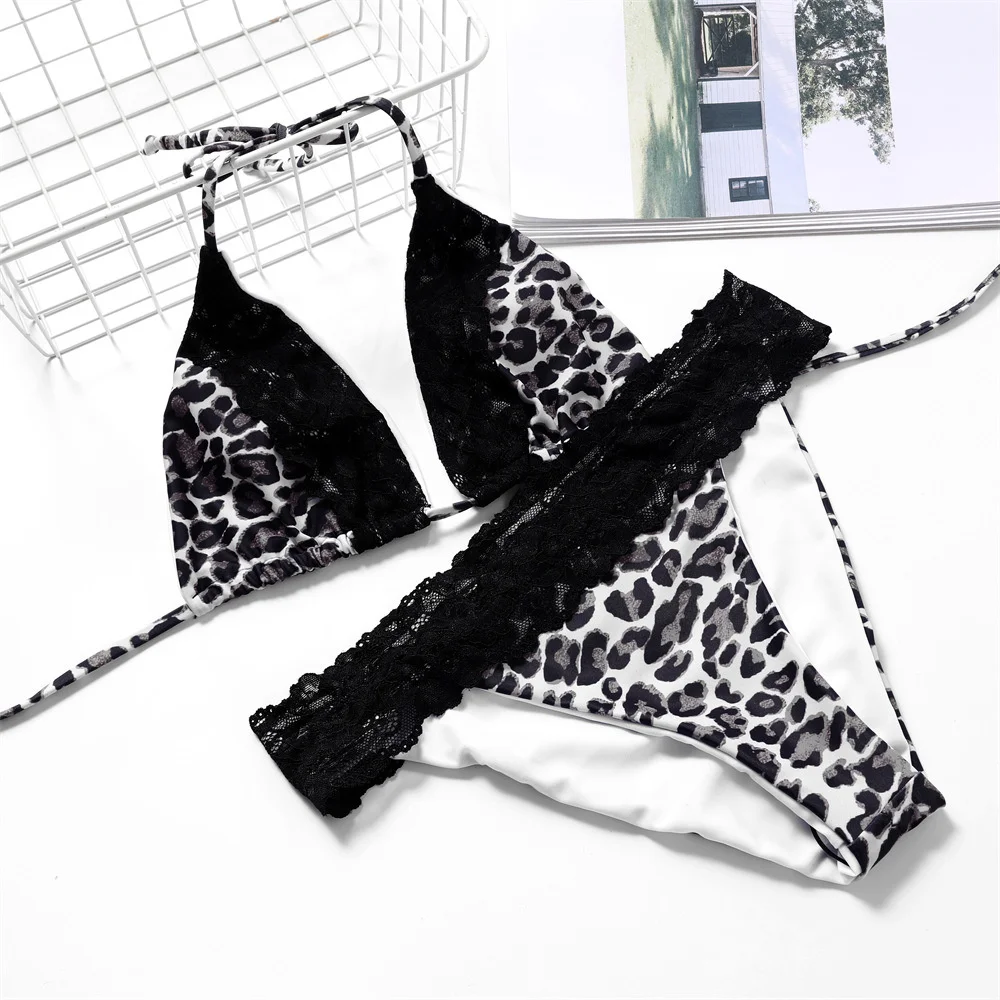 

Сексуальный кружевной купальник-бикини с леопардовым принтом, купальник-стринги, трендовый женский купальник из двух частей, микро-бикини, купальные костюмы