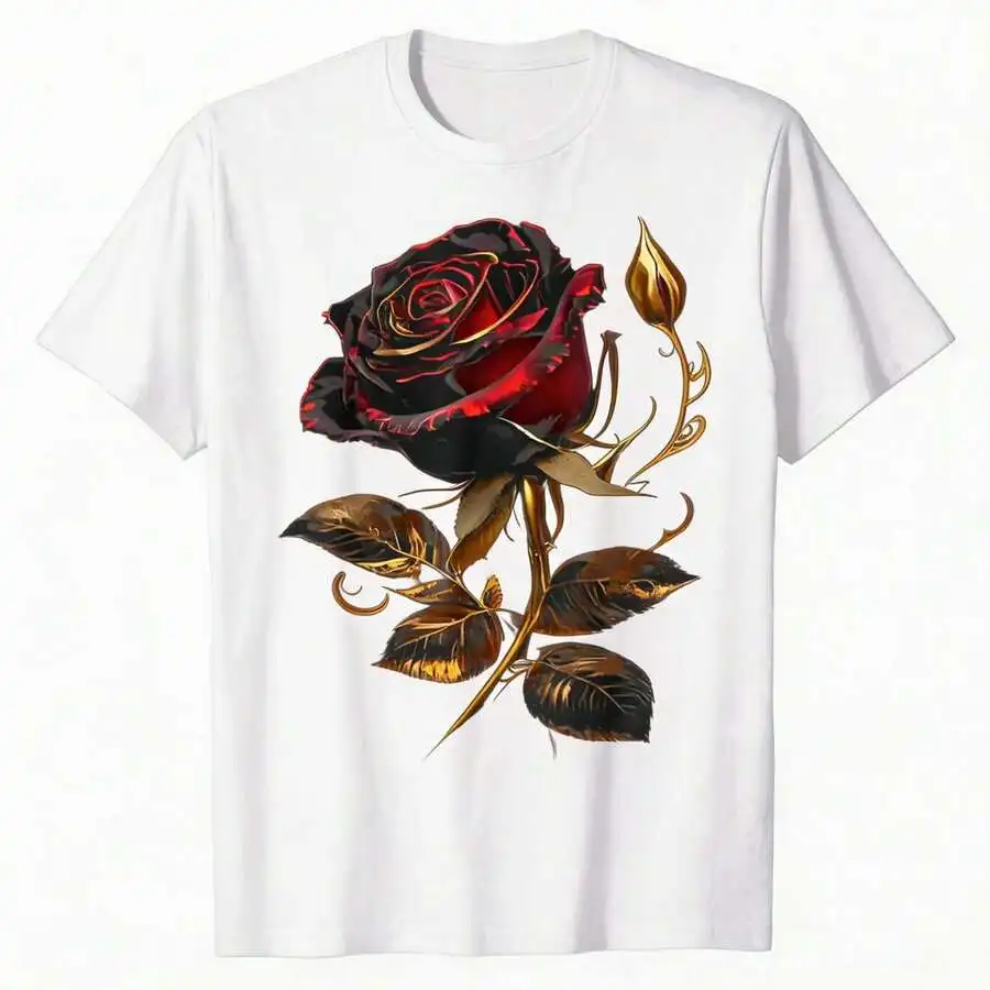 Unisex Crewneck Short Sleeve T Shirt Essential Basic 100 Cotton Deep Red Rose Black And Gold Graphic Print Casual Daily Wear Trendy Outfit Top