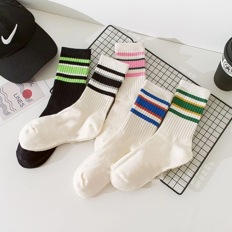 5 Double women and girls Spring and autumn mid-tube socks solid color figure preppy striped street sports cotton socks