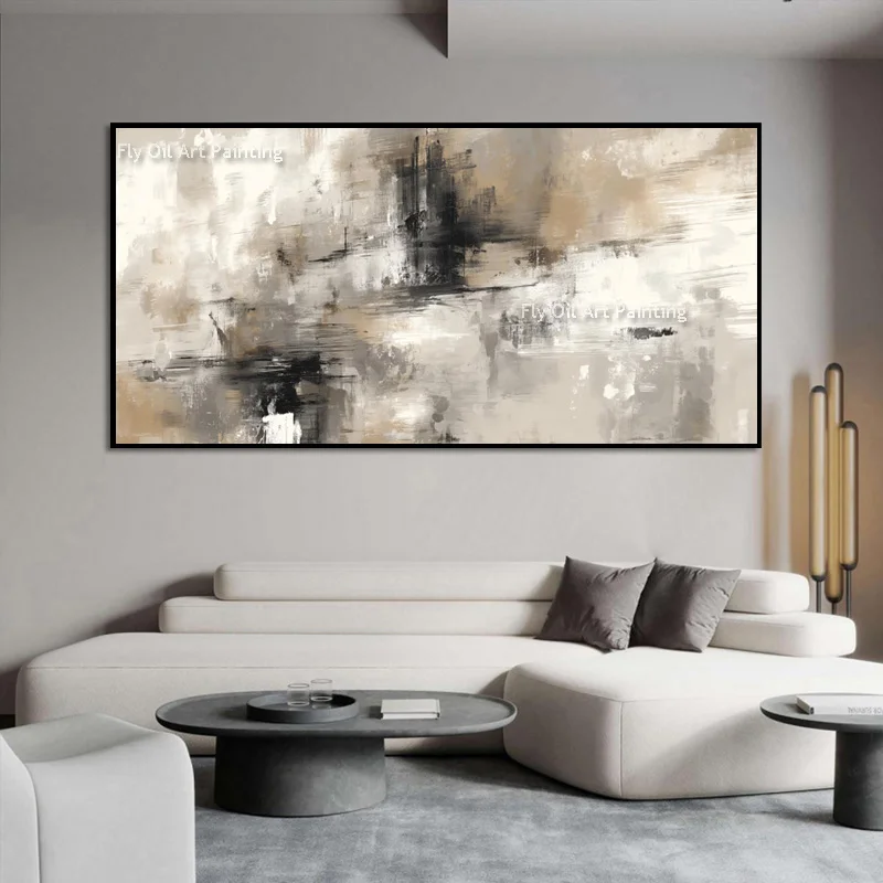 Heavy‑Texture Neutral Tone Relief Decor, Original Impasto Hand‑Painted Artwork, Soft Beige Grey Urban Abstract Home Canvas