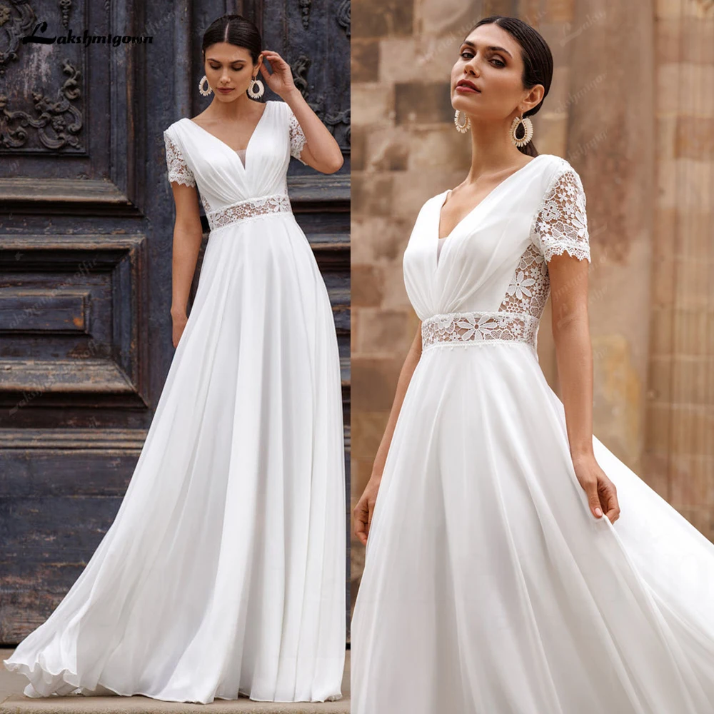 Lakshmigown Bohemian A Line Wedding Dresses Chiffon Bridal Gowns Bride Robe Appliques Short Cap Sleeves Vestidos De N Customized