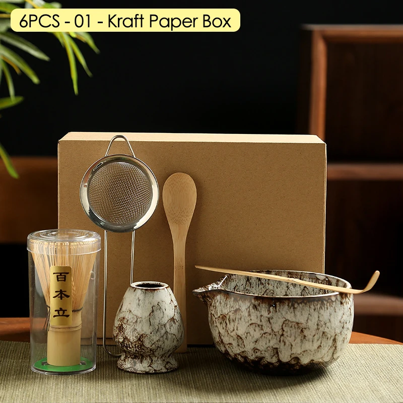 Juego de licuadora Matcha japonesa, tazón de cerámica, batidor de bambú, cucharadita, cepillo, cucharadita para beber té, herramientas para hacer té, 4/6 Uds.