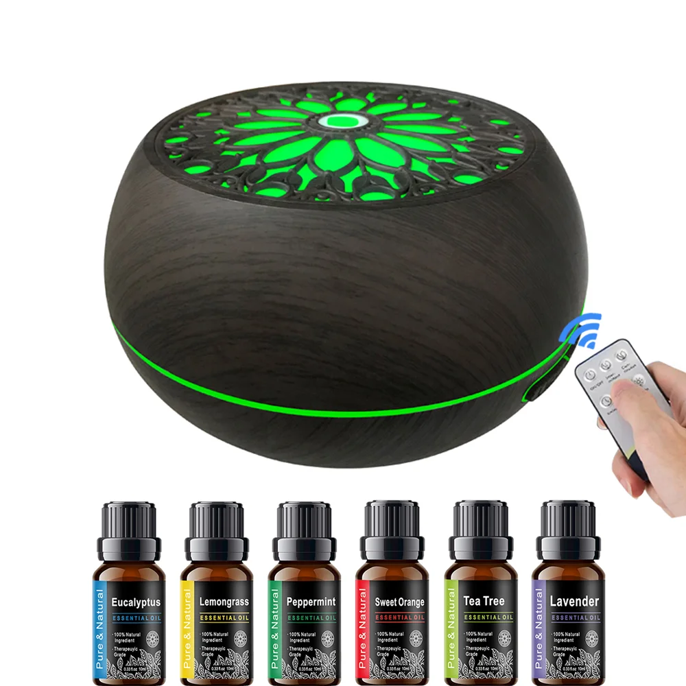 Umidificador de escritório silencioso com controle remoto sensível ao toque e iluminação de terapia de cores 550ml difusor de óleo essencial de aroma com 6 óleos de luxo
