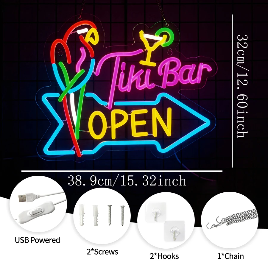 Tiki Bar Open Neon Sign for Wall Decor,Beer Bar Open LED Light Up Signs for Home Pub Tiki Bar Man Cave Restaurant Party Gift