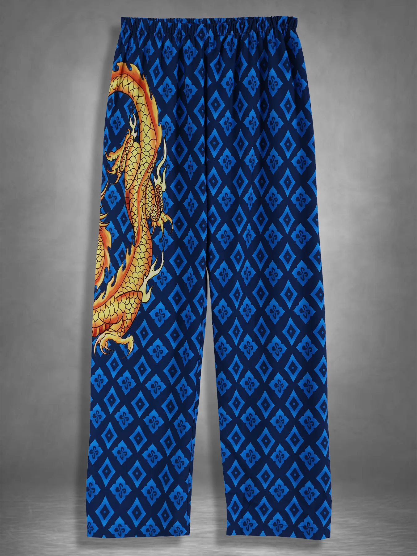 Men's Navy Diamond Pattern Golden Dragon Print Pants Spring Fall National Trend Loose Drawstring Casual Trousers