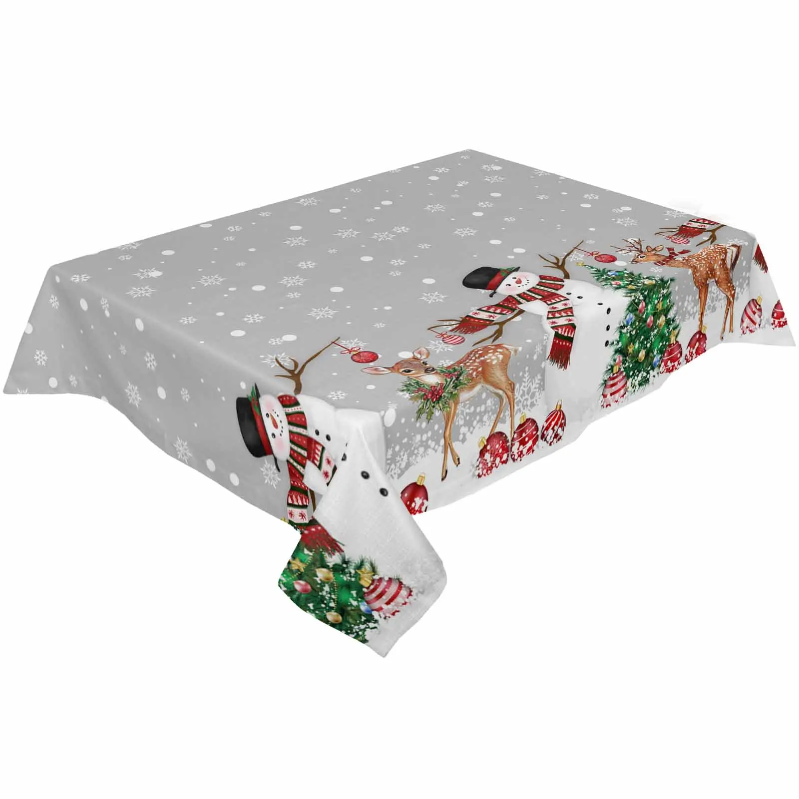 Christmas Ball Snowman Elk Christmas Tree Snowflake Gray Waterproof Tablecloth Dining Table Cover Kitchen Decoration Table Cloth