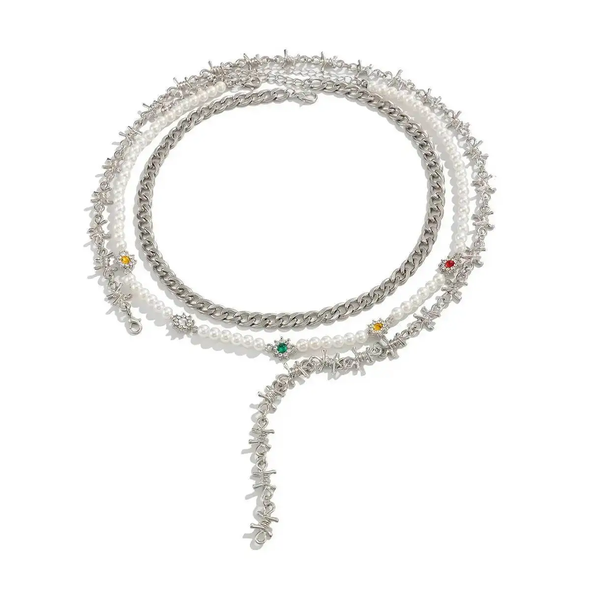 KunJoe 3 Pcs/Set Gothic Multi Layer Metal Chain Necklace for Men Hip Hop Imitation Pearl Beads Choker Necklace Trendy Jewelry