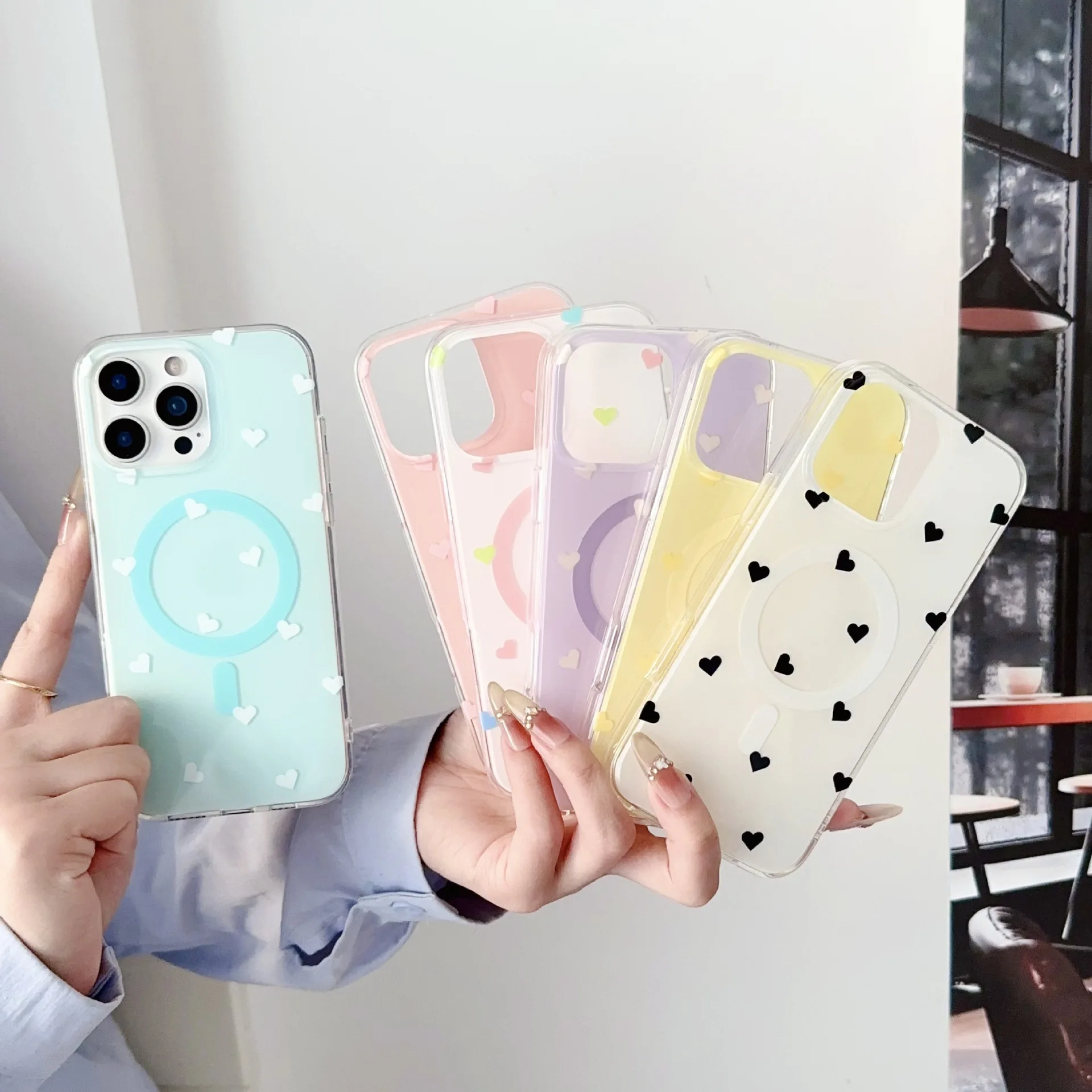 Korean Cute Cartoon Love Little heart Transparent Magsafe Holder Phone case For iPhone 16 15 14 13 Pro Max Magnetic Soft Cover