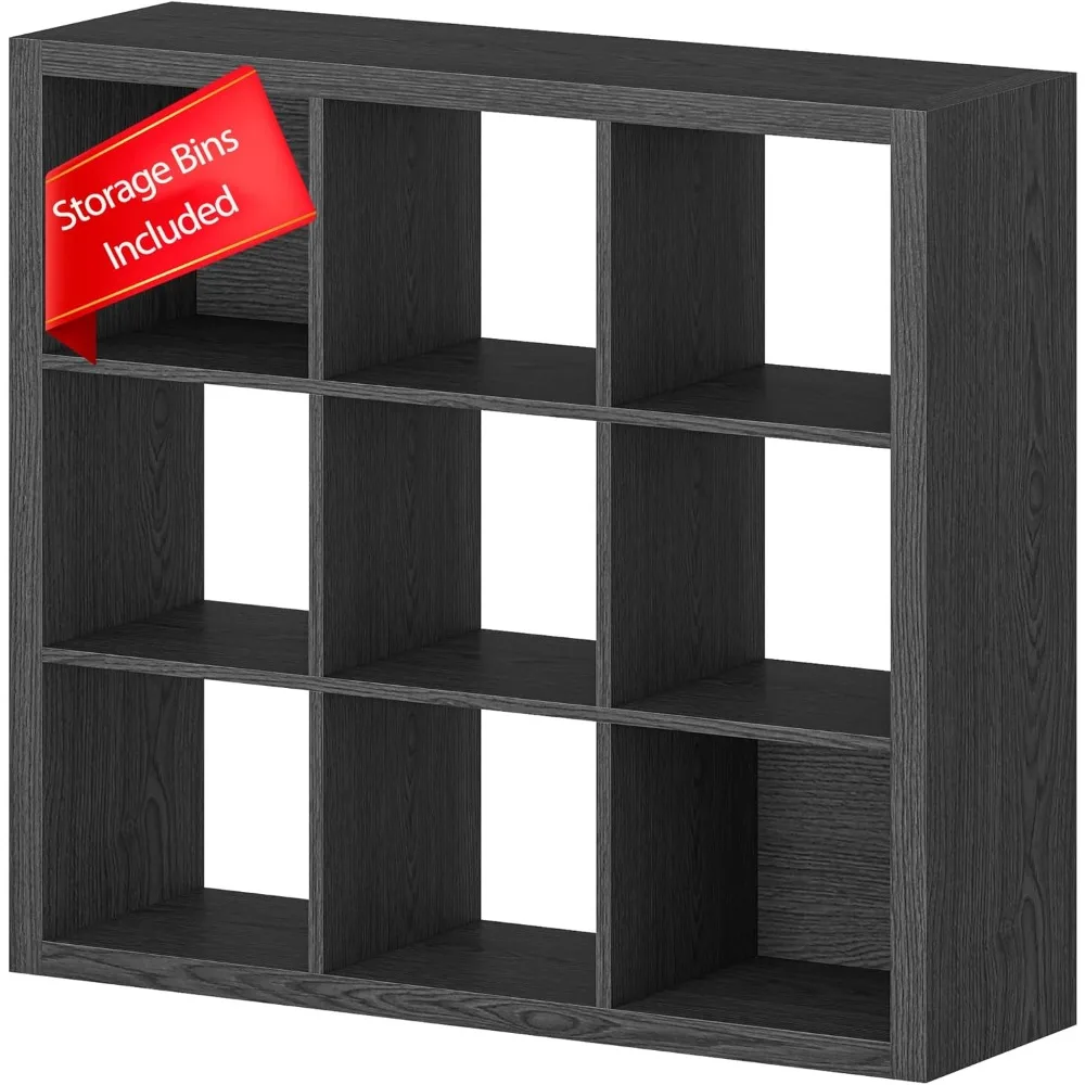 9 Cube Storage Organizer, Wood Storage Shelf with Bins, Modern Open Bookcase, Multifunctional Display Cube Shelves for Living Ro