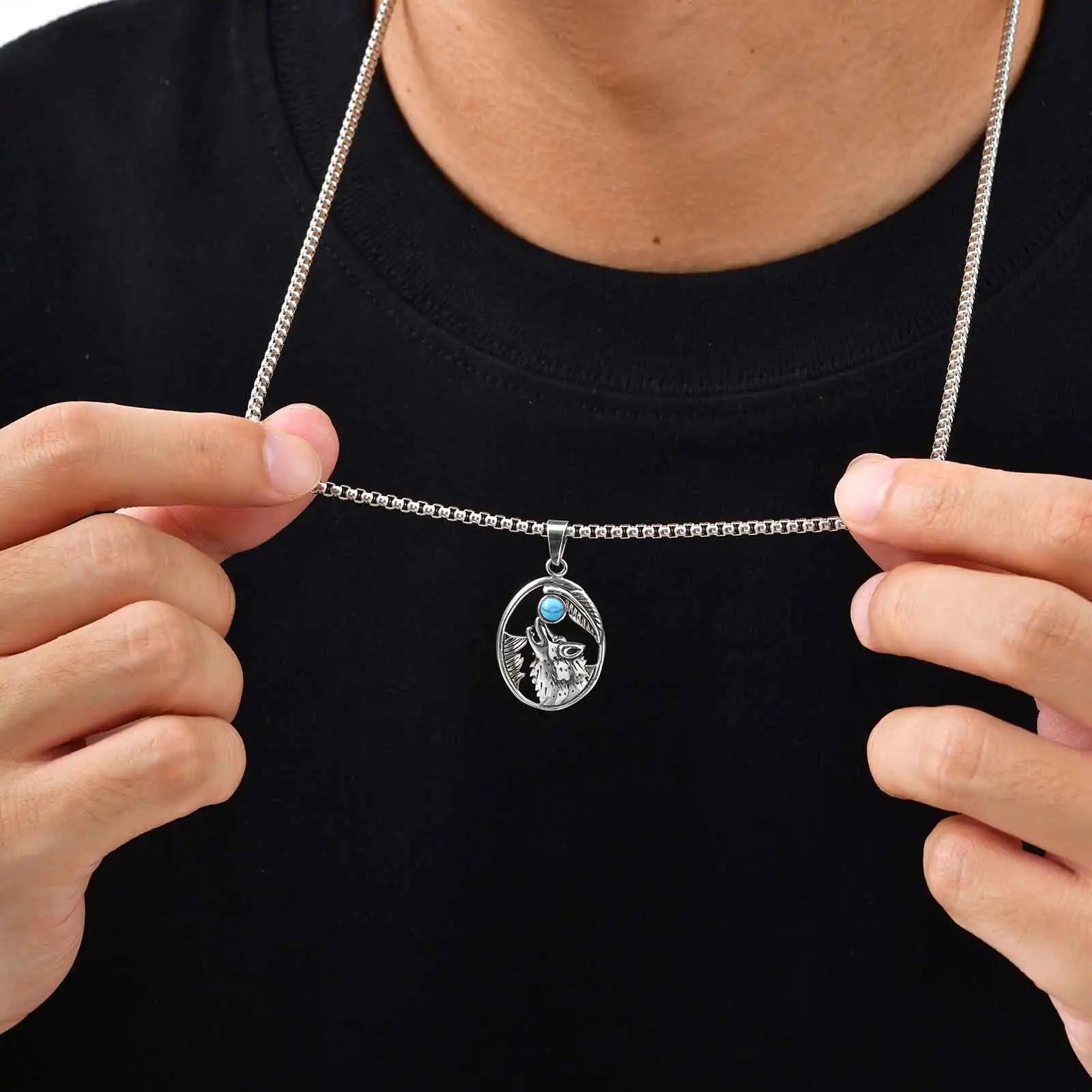 Punk-Wolfskopf-Ovale Halskette für Männer, Vintage-Anhänger aus Edelstahl mit Lapislazuli-Naturstein, Geschenk zum Jahrestag oder Vatertag – Detail 1