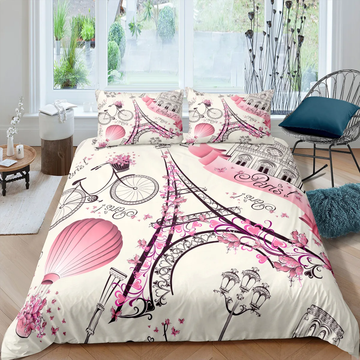 Paris Eiffiel Tower Red Umbrella 3D Bedding Set Duvet Cover Pillowcases Comforter Linen Room Decor Twin Queen King Size