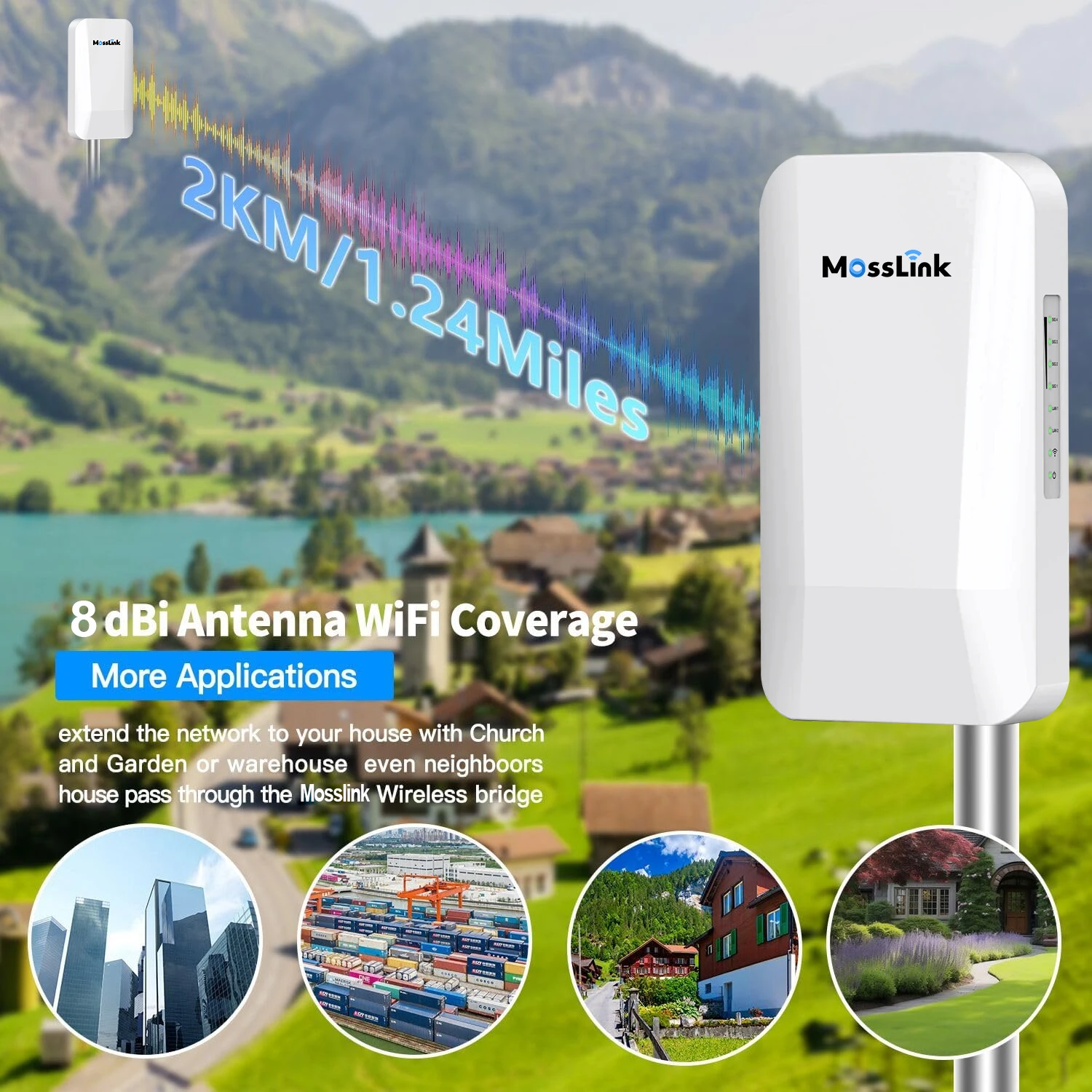 Mosslink  Long Range 1-2km Outdoor Cpe Waterproof Wifi AP 300mbps Point to Multipoint Wireless Bridge for Elevator Cctv Camera