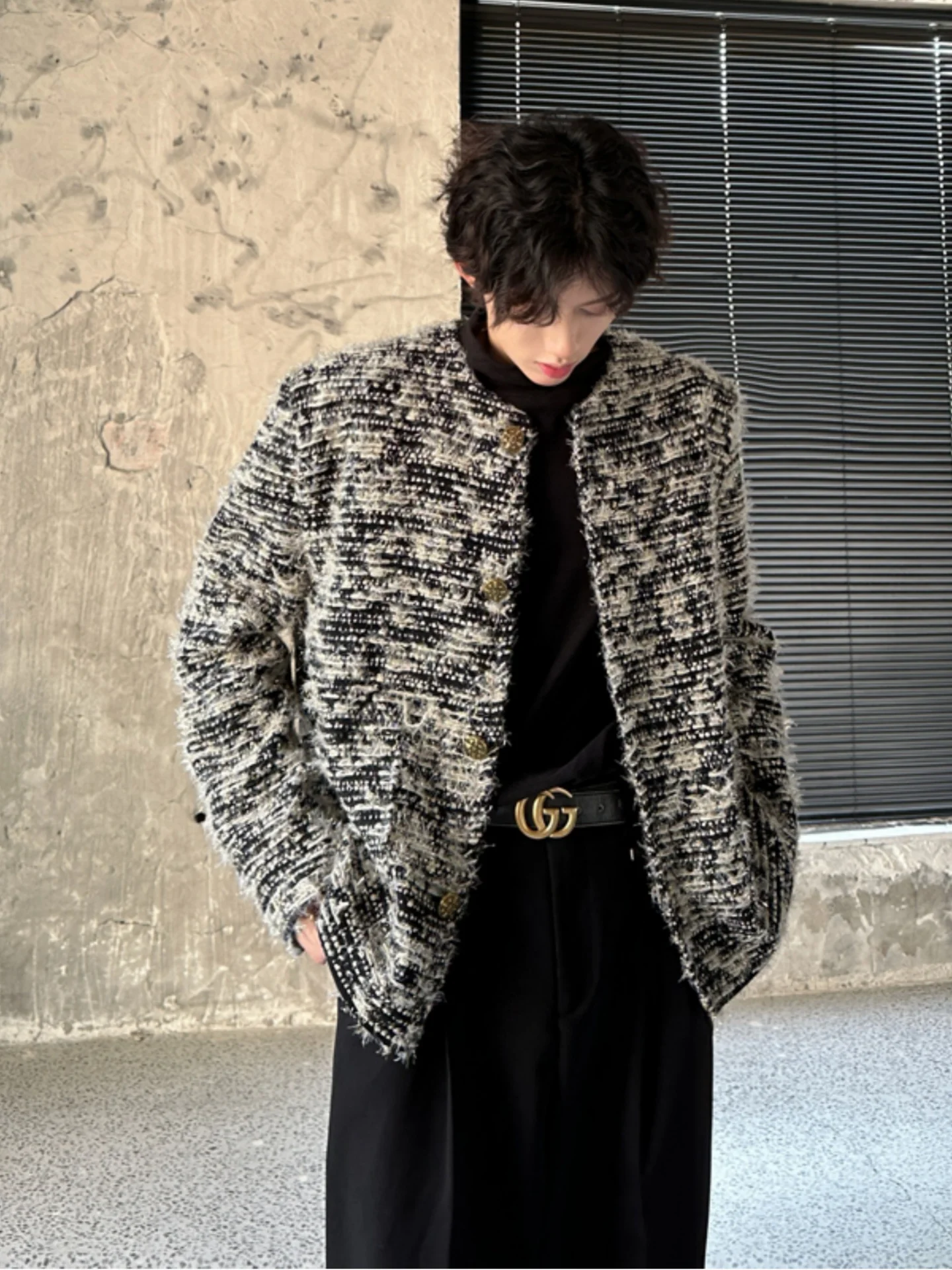 

oulder Padded Men's Woolen Jaet Korean Sle Luxury Feel No Collar Autumn Winter Outerwear Youth Faion Button Detail