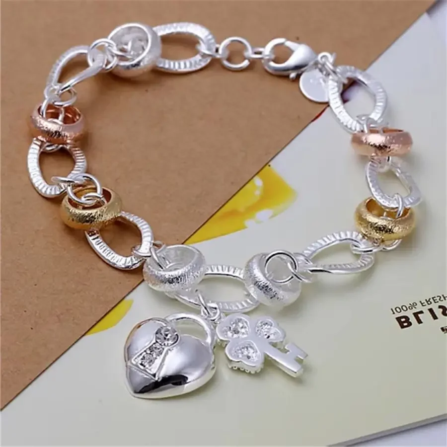 Special Offer 925 Sterling Silver Bracelets Elegant Heart Key for Women Men Lover Wedding Pretty Jewelry Fashion Holiday Gifts