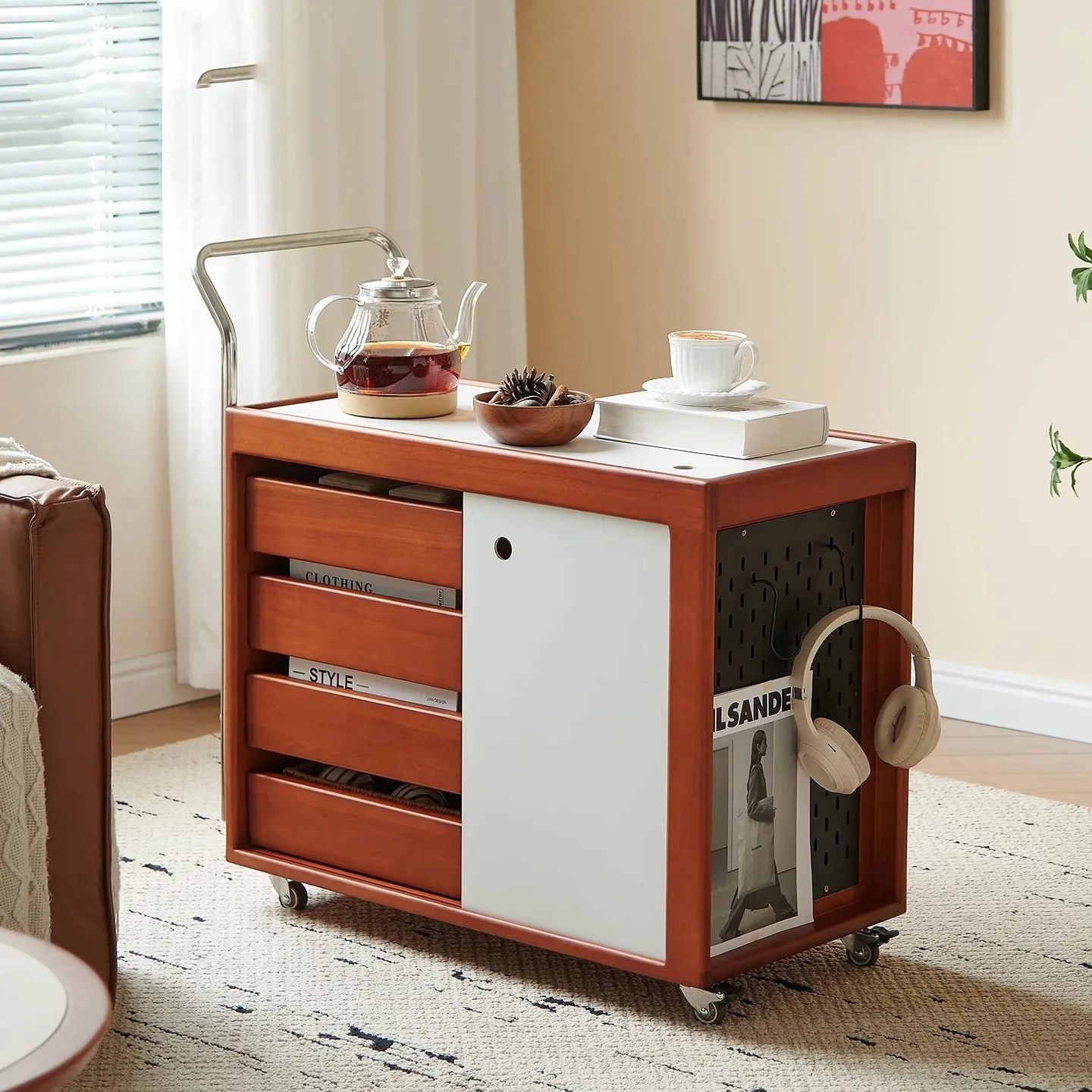 medieval style solid wood edge few, movable dining car tea cabinet, living room household side cabinet side table trolley