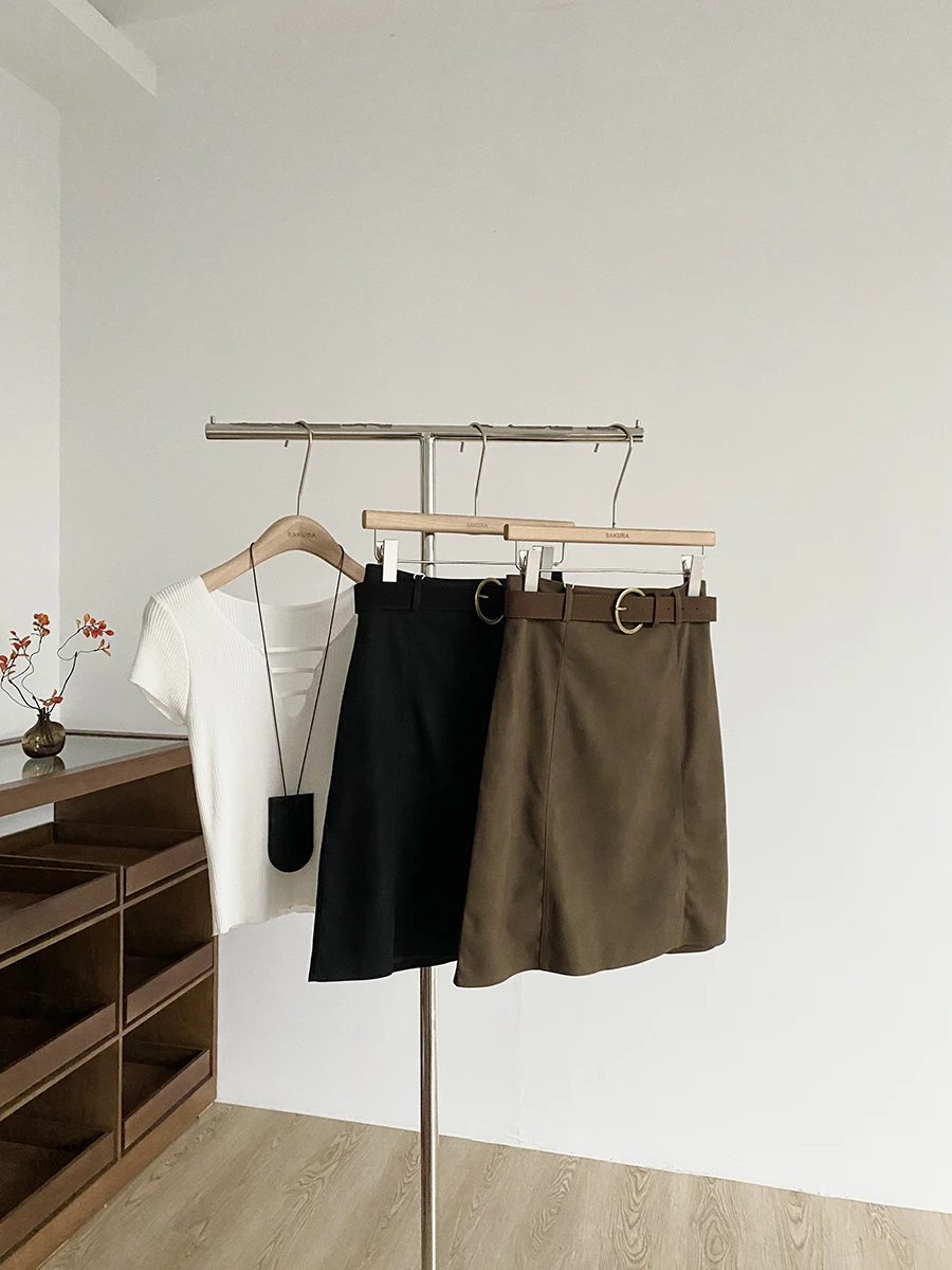 Slim Fit High Waist A-Line Skirt with Belt Korean Style Trendy Half-length Girls Skirts Polyester Fiber Commute Scene