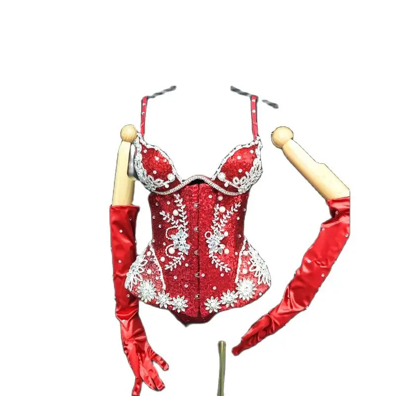 Sexy Sleeveless Red Rhinestones Bodysuit Gloves Nightclub Ds Dj Gogo Wear Women Pole Dance Rave Outfit Drag Queen Costume XS5720