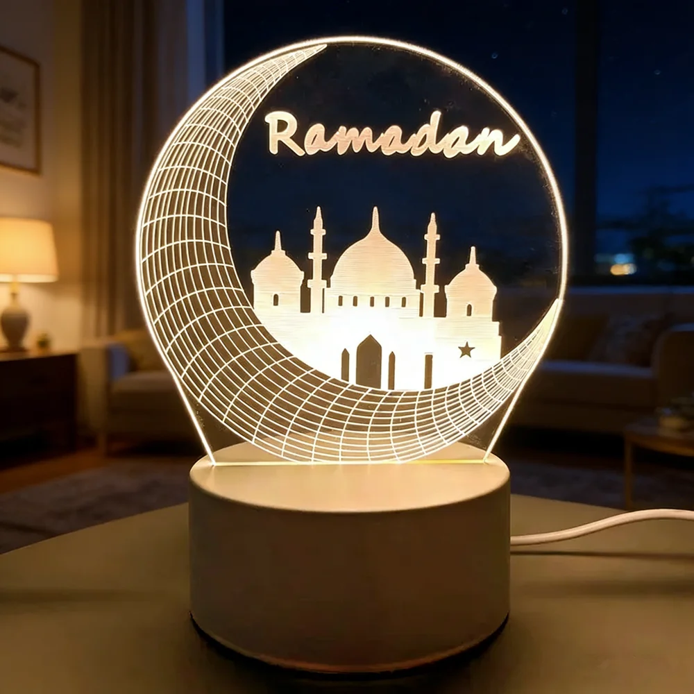 USB Operated EID Mubarak Ornaments Neon Lamp 3D Acrylic LED Night Light Bedroom Home Decor Muslim Ramadan Festival Supplies