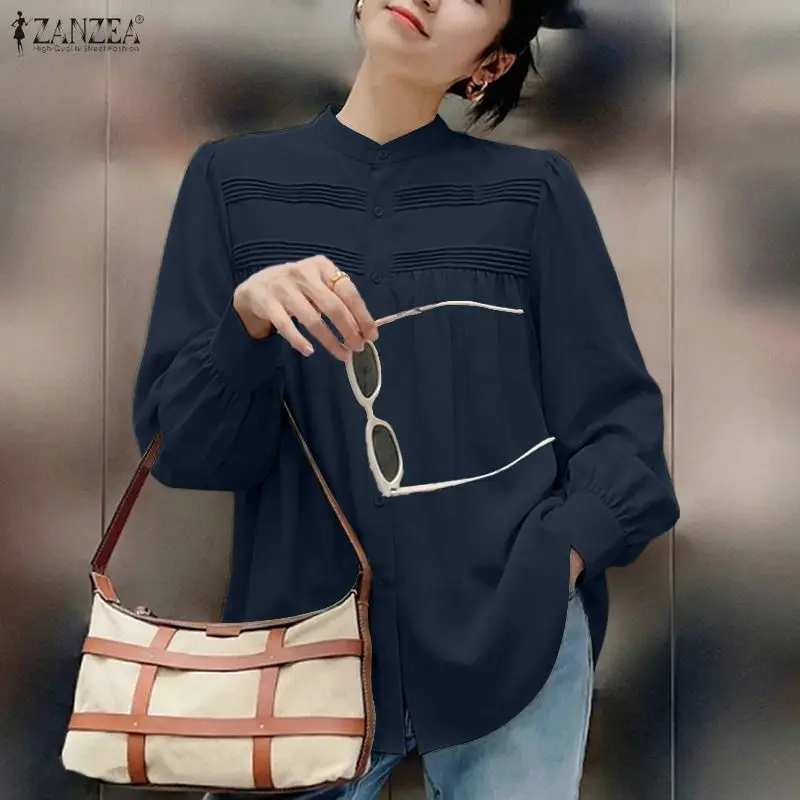 

ZANZEA 2026 Fashion Women Shirt Spring Stand Neck Long Sleeve Blouses Solid Pleated Work Shirt Holiday Blusas Casual Button Tops