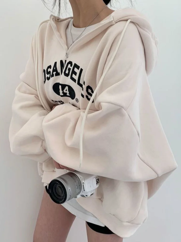 Women Kpop Loose Hooded Sweatshirts Half Zipper Pullover Long Sleeve Couple Top Harajuku Vintage Letter Printed Hoodies