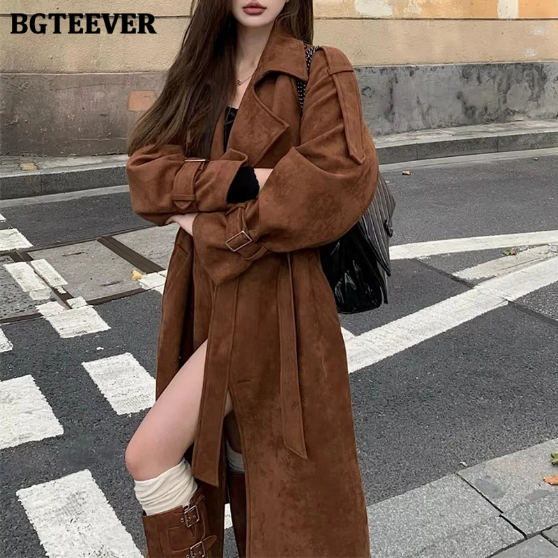 

BGTEEVER Autumn Fashion Long Sleeve Belted Women Double Breasted Windbreaker Vintage Loose Pockets Female Long Trench Coats