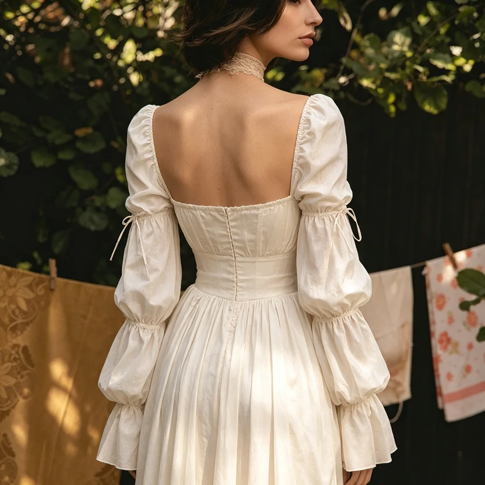 Square Neck Long Sleeves Bridal Gowns A Line Maxi Rustic Low Cut Customized Vintage Cotton Blend Ivory Countryside Wedding Dress