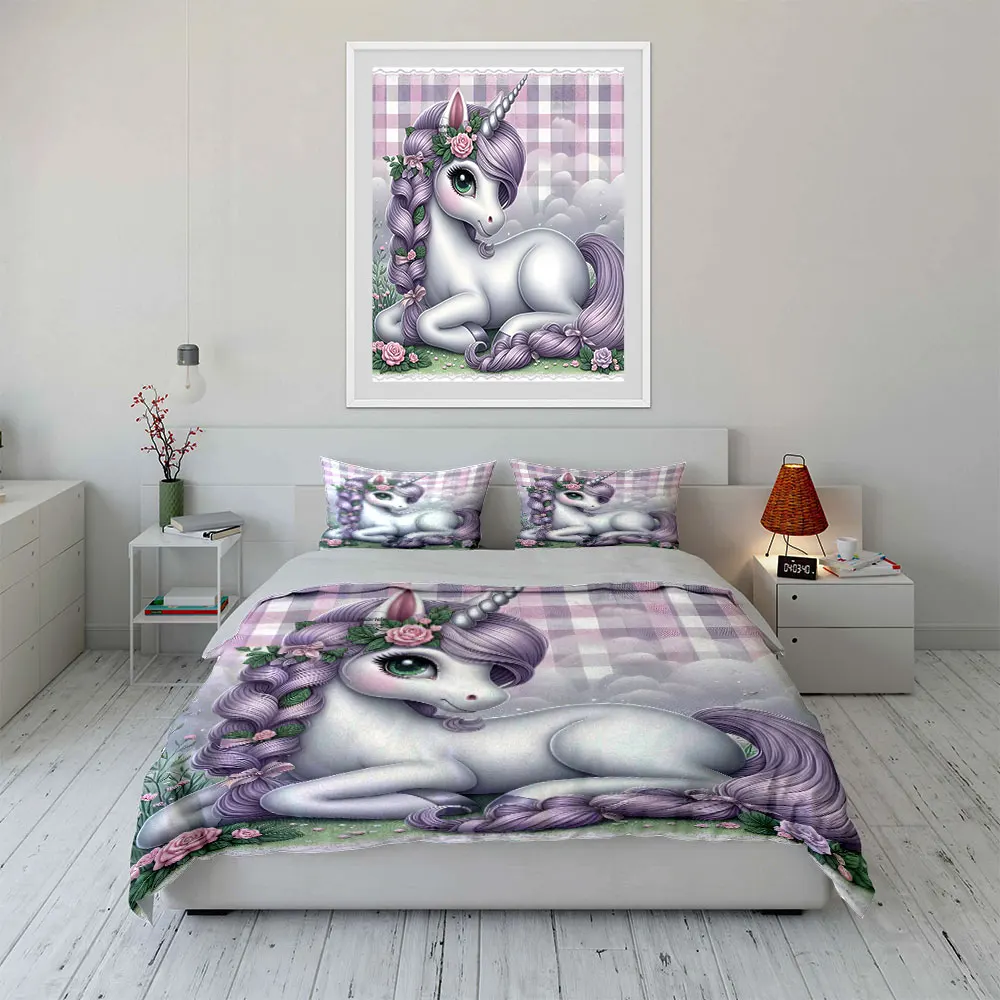 Unicorn with purple mane and flowers Print Soft Comfortable Duvet Cover Bedding Set Included 1*Duvet Cover  2*Pillowcases