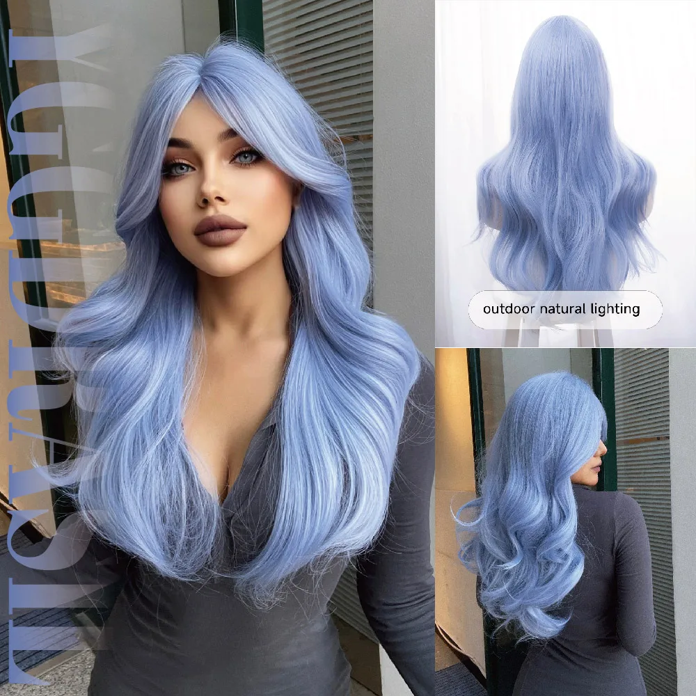 

28Inch Aqua Blue Fairycore Style Synthetic Wigs Middle Part Long Wavy Hair Wig For Women Daily Use Cosplay Heat Resistant