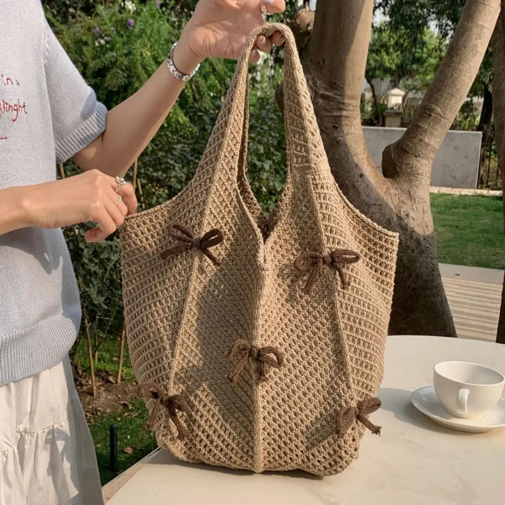 

Casual Bow Knitted Shoulder Bag Bohemian Large Capacity Weave Handbag Bowknot Hollow Crochet Tote Bag Beach