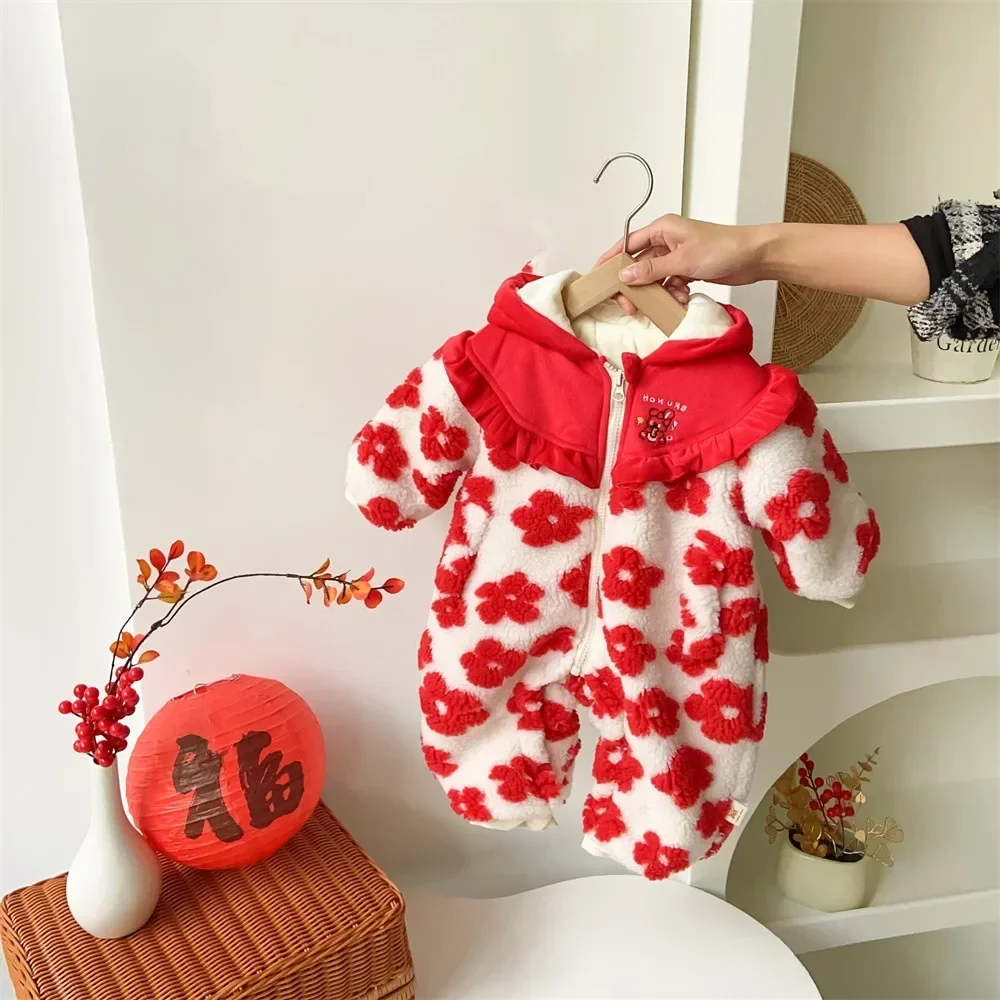 

Autumn Winter Infant Girls Plush Thickened Bodysuit Baby Girls Flora Printed Hooded Jumpsuit Toddler Girls Fluffy Warm Romper